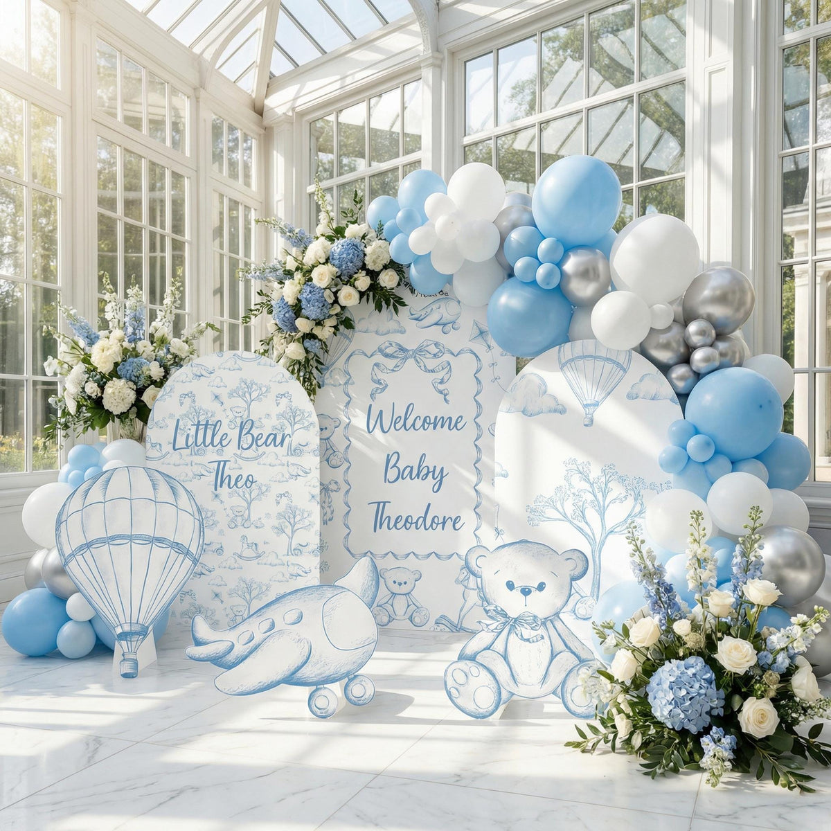 Blue Toile Teddy Bear Cutouts (Three-Arch Name Set), Chinoiserie Birthday, Toile de Jouy Backdrop, Baby Shower Decor, Teddy Bear