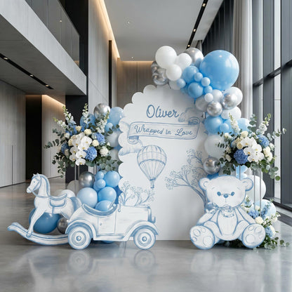 Blue Toile Teddy Bear Cutouts (Scalloped Arch Set), Chinoiserie Birthday, Toile de Jouy Backdrop, Baby Shower Decor, Teddy Bear