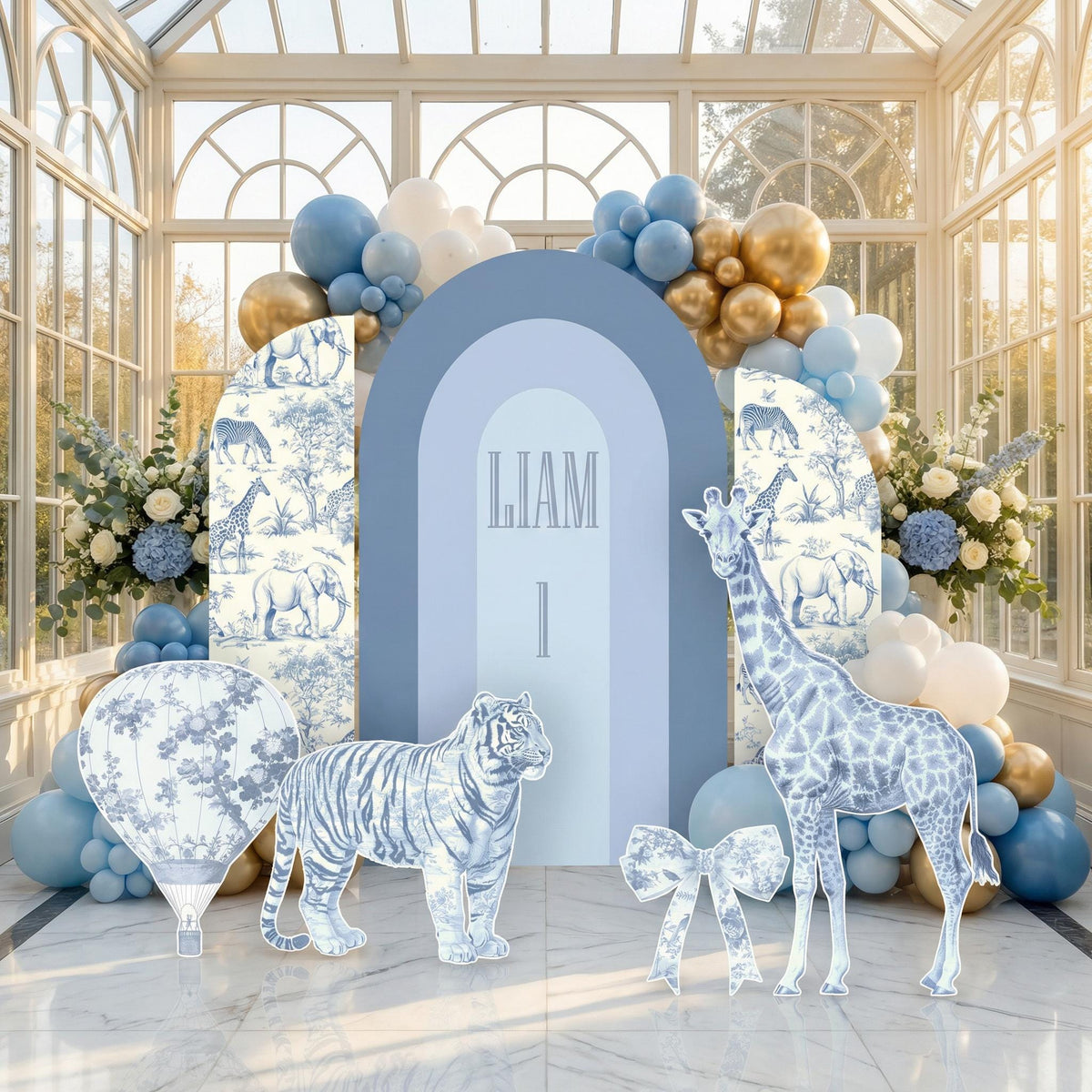 Blue Toile Safari Animals Cutouts, Chinoiserie Birthday, Toile de Jouy Backdrop, Baby Shower Decor