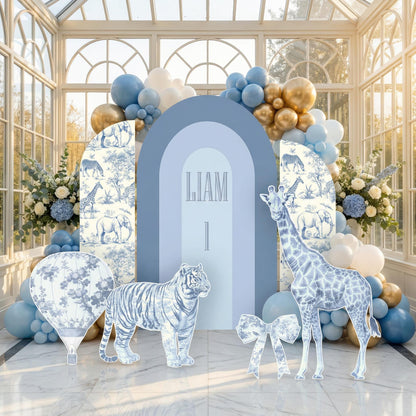 Blue Toile Safari Animals Cutouts, Chinoiserie Birthday, Toile de Jouy Backdrop, Baby Shower Decor