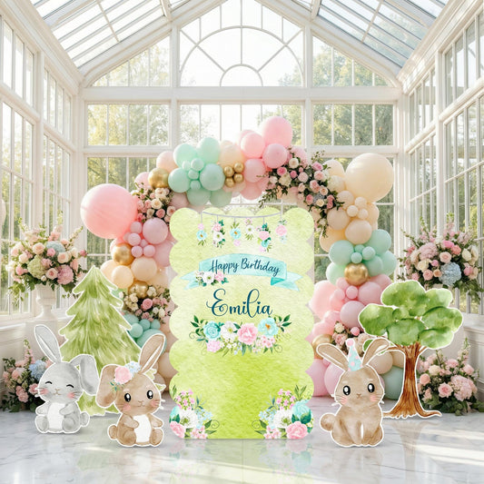 Woodland Bunny Cutouts — custom party decor, printed and cut to shape