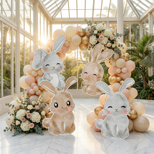 Woodland Bunny Cutouts Set 4 — custom party decor, printed and cut to shape