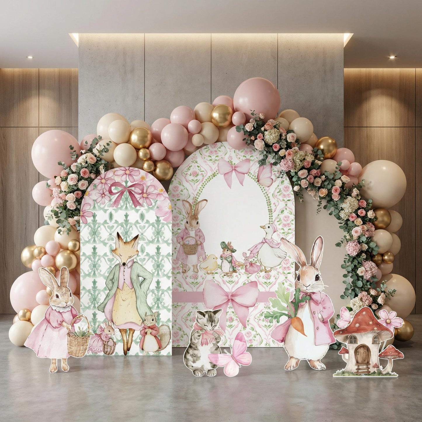 Pink Garden Bunny Cutouts, Storybook Baby Shower, Backdrop, Easter Bunny Art, Signs, Standee, Girls Birthday, Garden Mushroom Backdrop, Prop