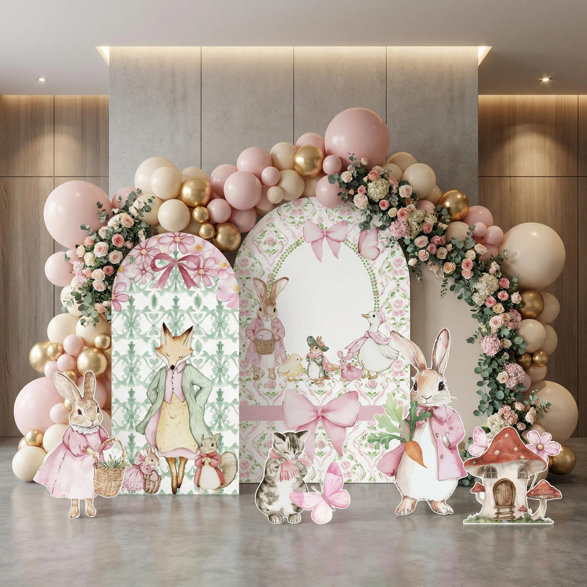 Pink Garden Bunny Cutouts, Storybook Baby Shower, Backdrop, Easter Bunny Art, Signs, Standee, Girls Birthday, Garden Mushroom Backdrop, Prop