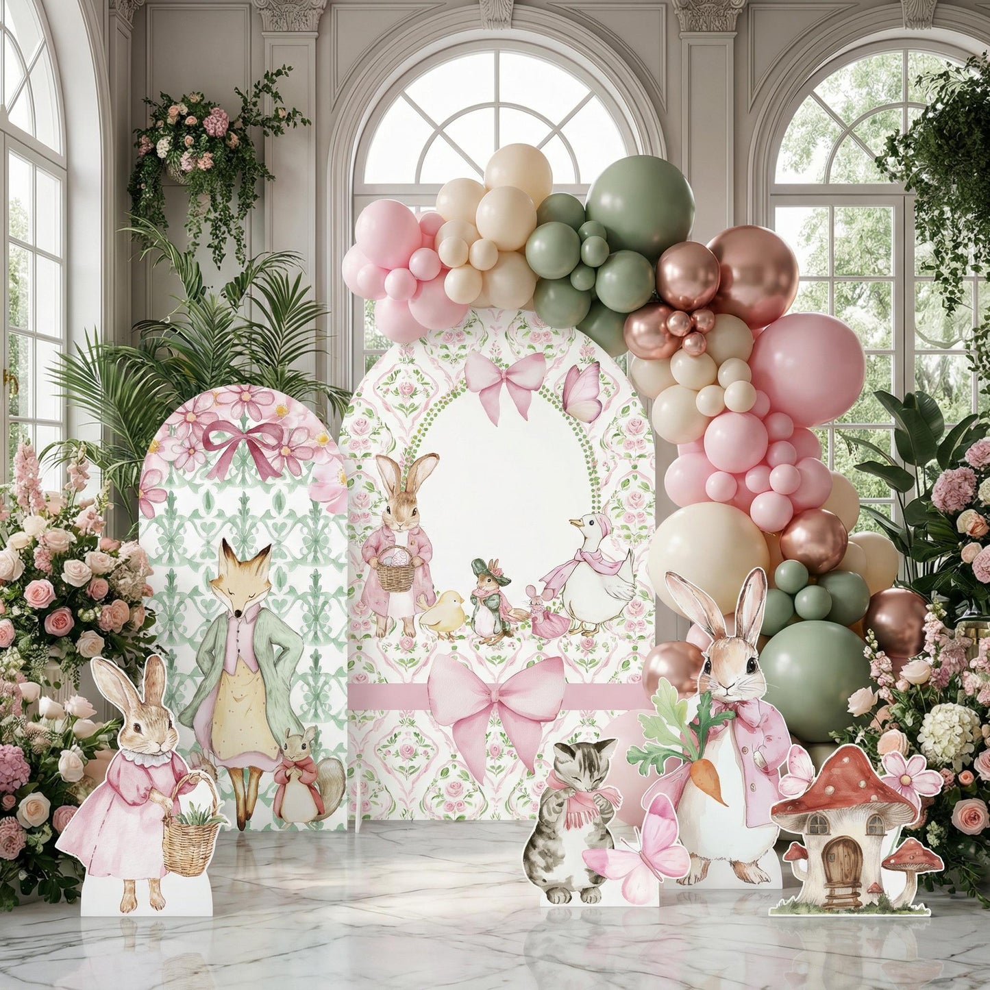 Pink Garden Bunny Cutouts — custom party decor, printed and cut to shape