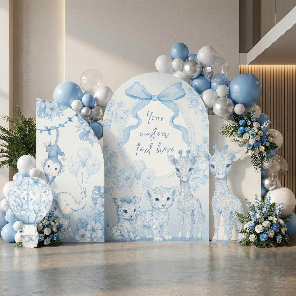Blue Toile Safari Animals Cutouts, Chinoiserie Birthday Sign, Toile de Jouy Backdrop, Blue Safari Toile Baby Shower Decor, Hot Air Balloon