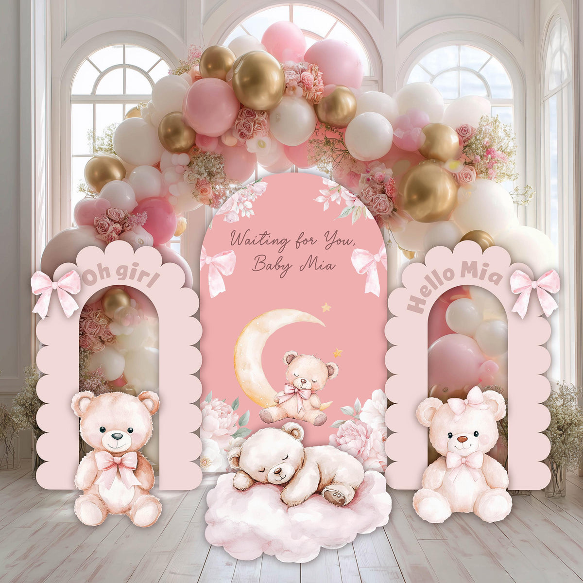 Pink Bear Cutouts, Girls First Birthday, We Can Bearly Wait, Baby Shower, Teddy Bear, Cute Bear, Pink Backdrop, Clouds