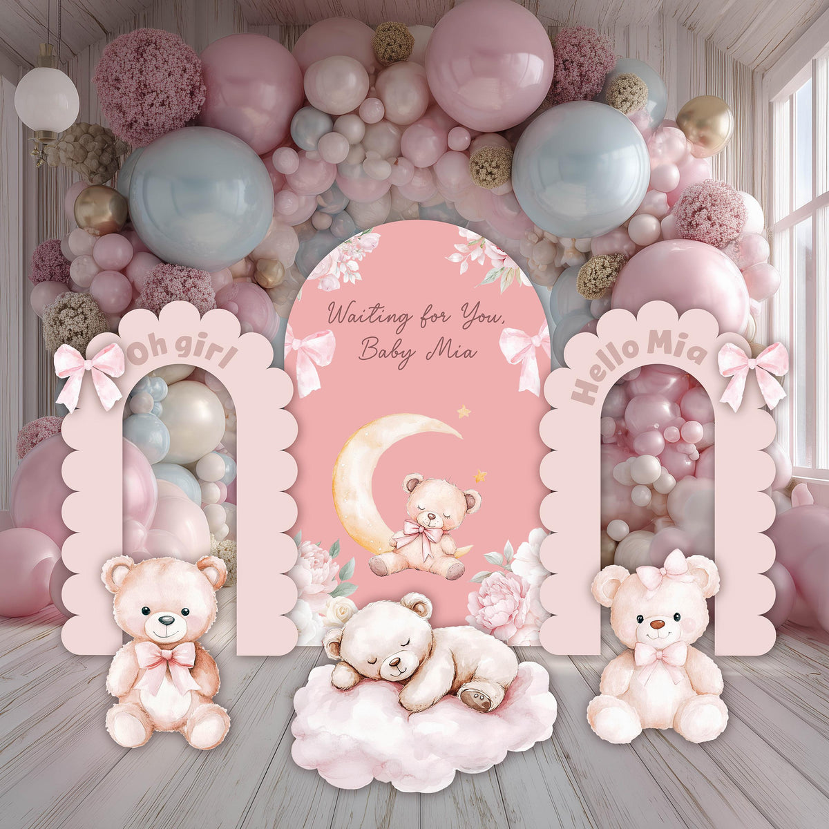 Pink Bear Cutouts, Girls First Birthday, We Can Bearly Wait, Baby Shower, Teddy Bear, Cute Bear, Pink Backdrop, Clouds