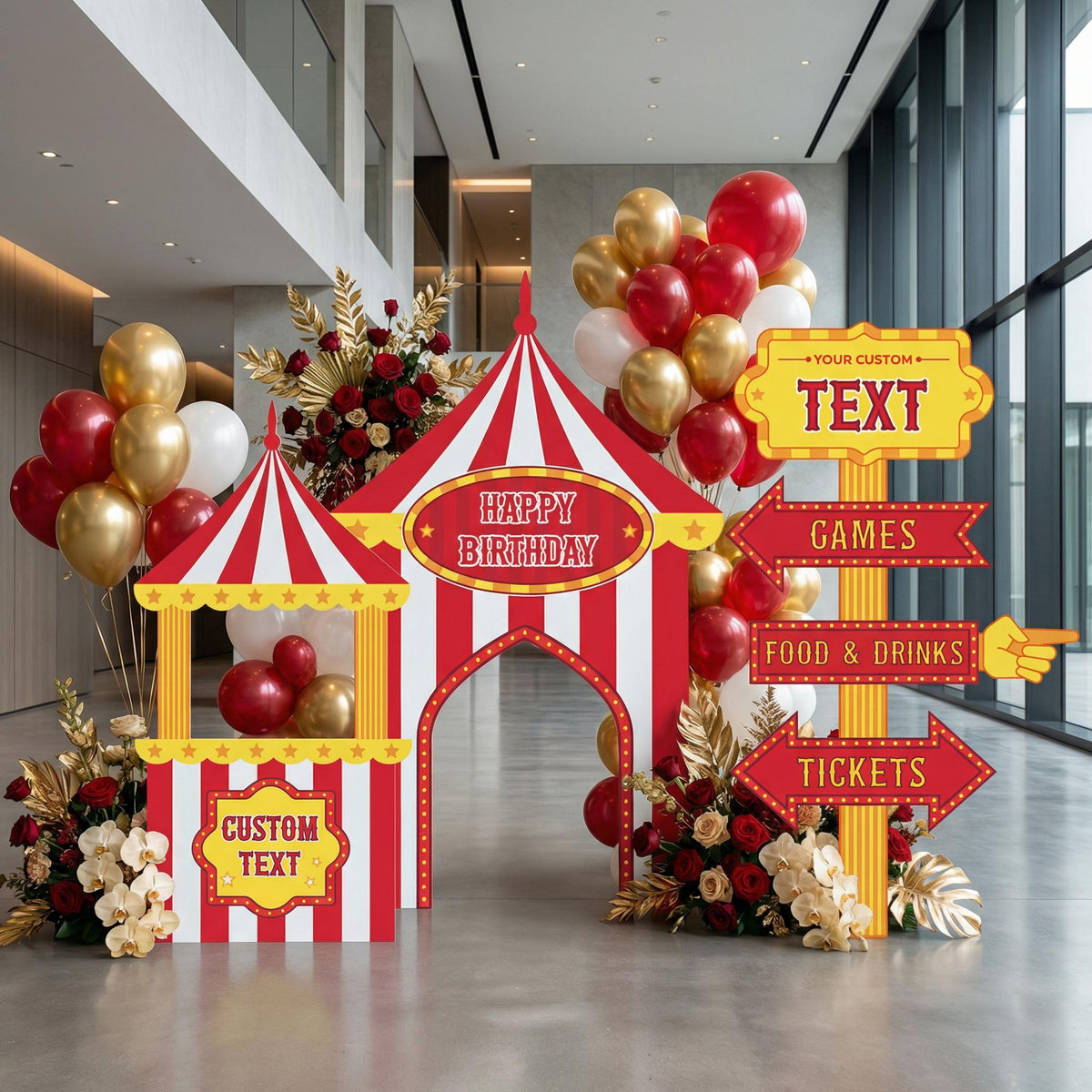 Red Circus Party Cutouts (Big Top & Signposts), Carnival Baby Shower, 1st Birthday Decor, Circus Tent, Photo Booth Frame, Custom Sign