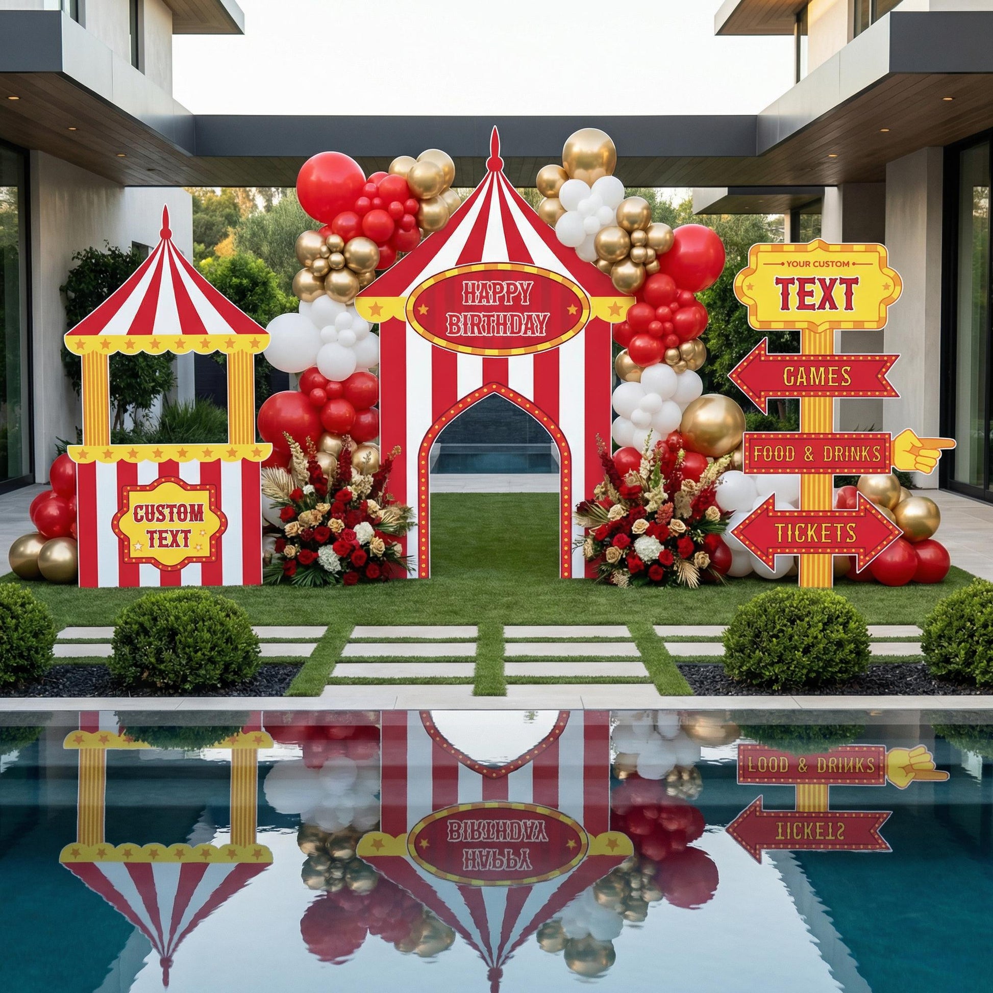 Red Circus Party Cutouts (Big Top & Signposts), Carnival Baby Shower, 1st Birthday Decor, Circus Tent, Photo Booth Frame, Custom Sign