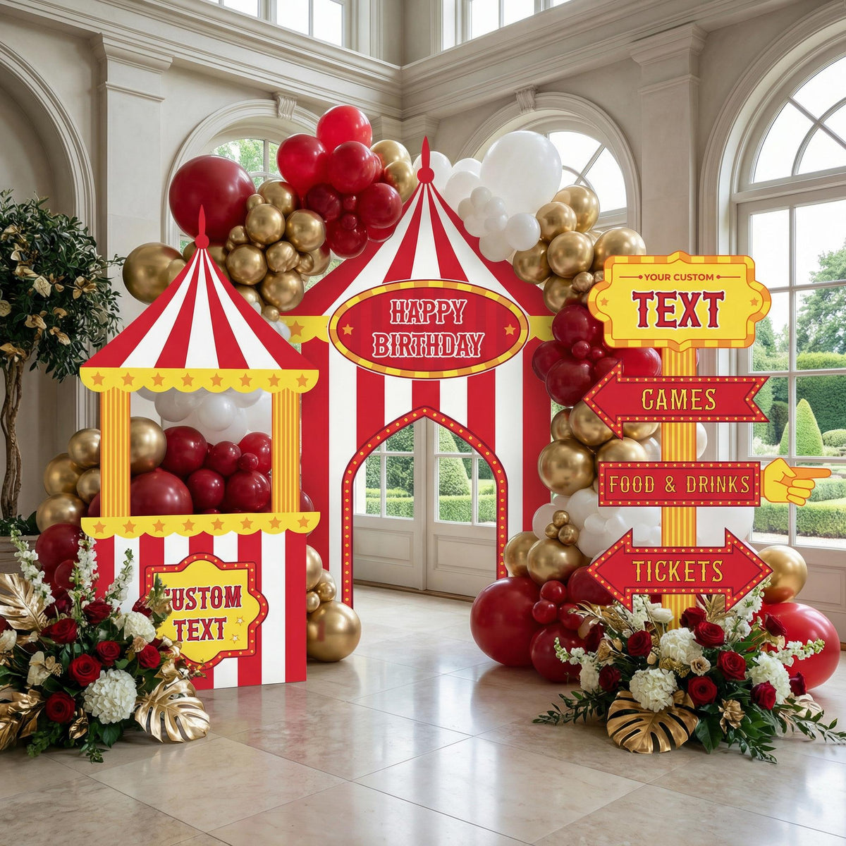 Red Circus Party Cutouts (Big Top & Signposts), Carnival Baby Shower, 1st Birthday Decor, Circus Tent, Photo Booth Frame, Custom Sign