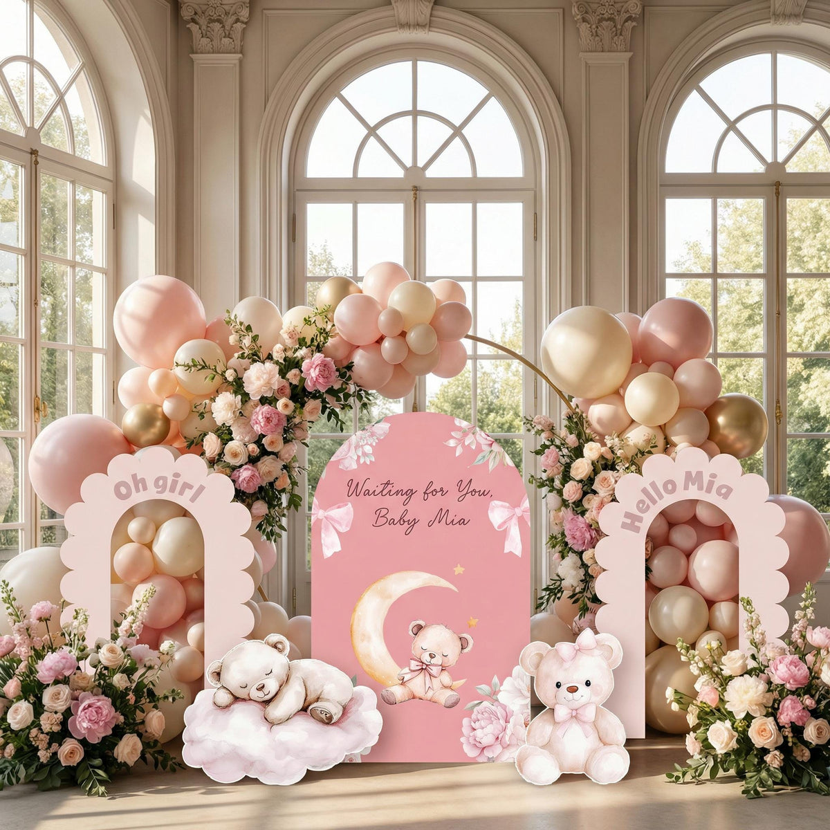 Pink Bear Cutouts, Girls First Birthday, We Can Bearly Wait, Baby Shower, Teddy Bear, Cute Bear, Pink Backdrop, Clouds