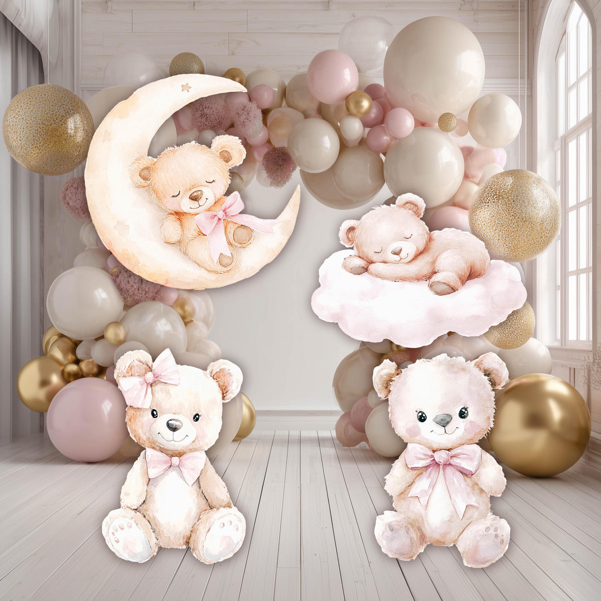 Pink Bear Cutouts Set 4, Girls First Birthday, We Can Bearly Wait, Baby Shower, Teddy Bear, Backdrop, Hot Air Balloon