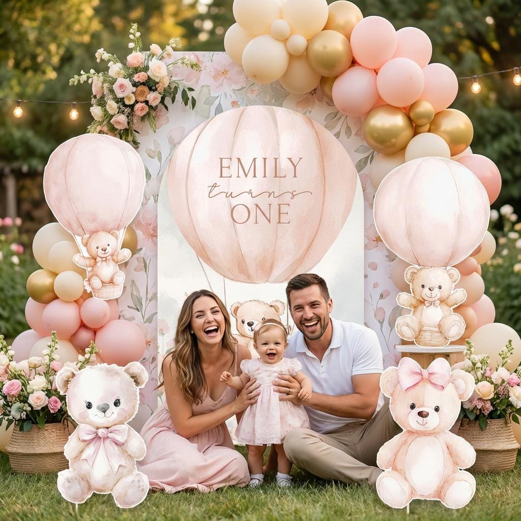 Pink Bear Cutouts, Girls First Birthday, We Can Bearly Wait, Baby Shower, Teddy Bear, Backdrop, Hot Air Balloon