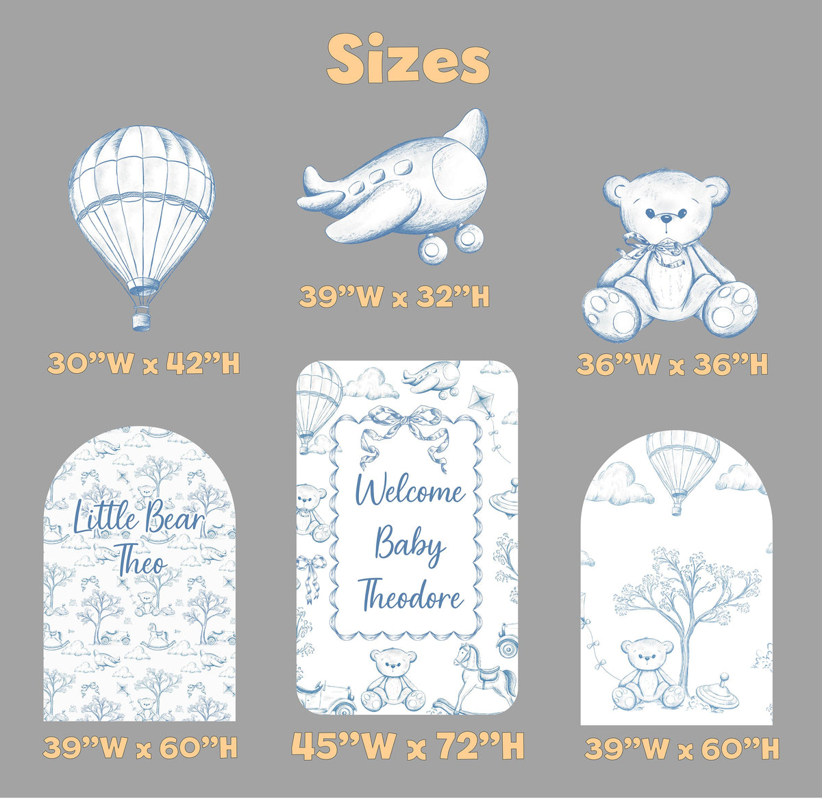 Blue Toile Teddy Bear Cutouts (Three-Arch Name Set), Chinoiserie Birthday, Toile de Jouy Backdrop, Baby Shower Decor, Teddy Bear