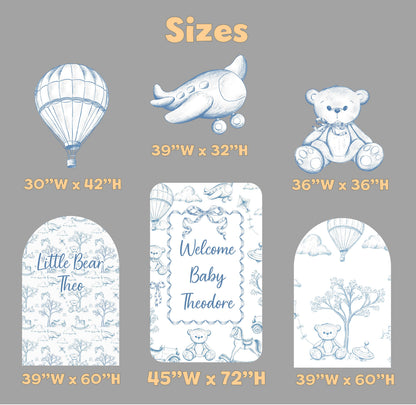 Blue Toile Teddy Bear Cutouts (Three-Arch Name Set), Chinoiserie Birthday, Toile de Jouy Backdrop, Baby Shower Decor, Teddy Bear