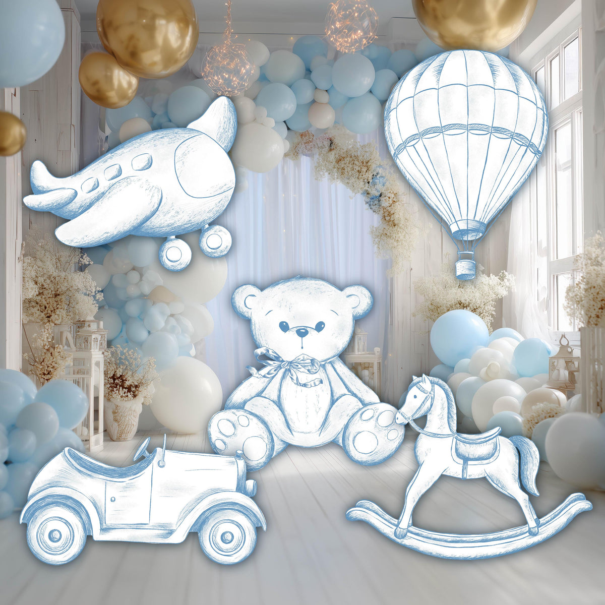 Blue Toile Teddy Bear Cutouts (Props Only), Chinoiserie Birthday, Toile de Jouy Backdrop, Baby Shower Decor, Teddy Bear