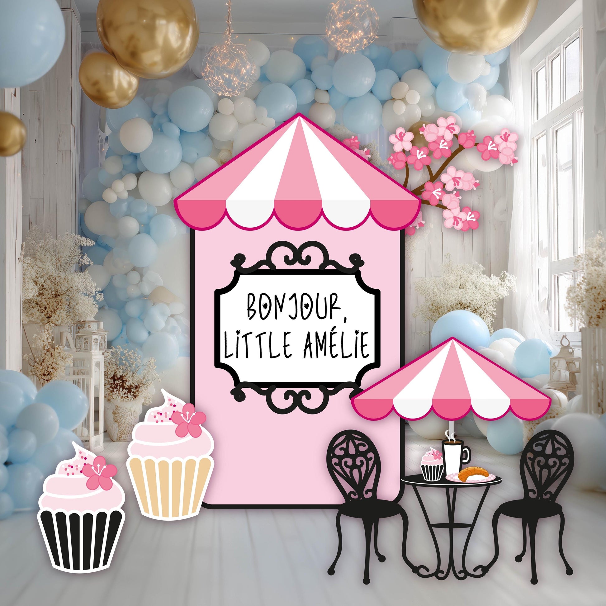 French Cafe Cutouts (Cafe Kiosk & Sweets), Eiffel Tower, Bakery Shop, Sweet Shop Props, Paris Baby Shower, Dessert Shop, Patisserie Party Backdrop