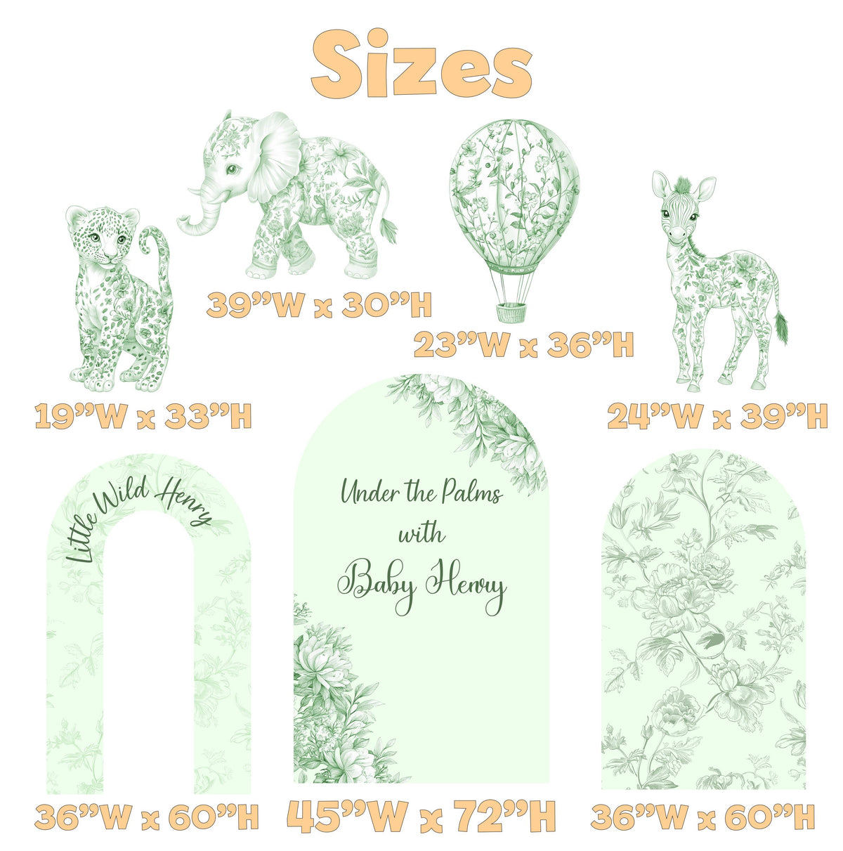 Green Toile Safari Animals Cutouts (Palm Arch & Elephants), Chinoiserie, Toile de Jouy Backdrop, Baby Shower Decor, 1st Birthday