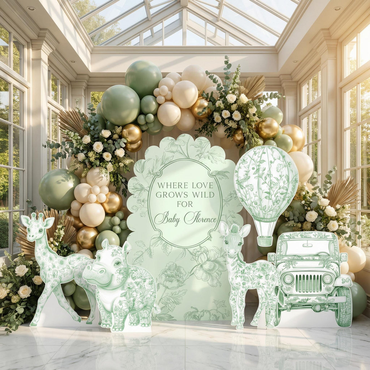 Green Toile Safari Animals Cutouts (Arch & Jeep), Chinoiserie, Toile de Jouy Backdrop, Baby Shower Decor, 1st Birthday