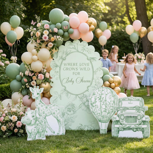 Green Toile Safari Animals Cutouts — custom party decor, printed and cut to shape