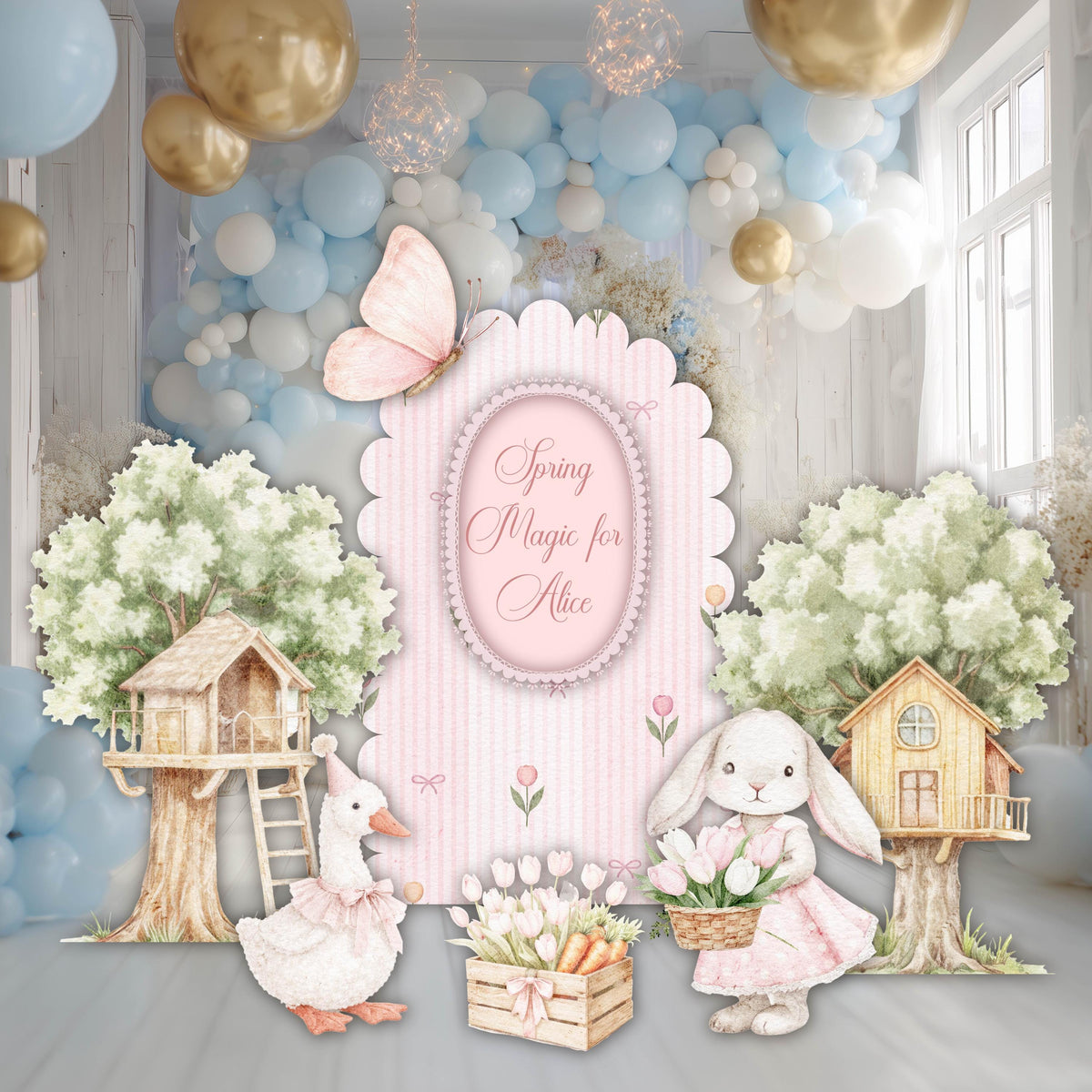 Pink Easter Bunny Cutouts, Storybook Baby Shower, Backdrop, Girls Birthday, Cottagecore Spring, Goose, Rabbit