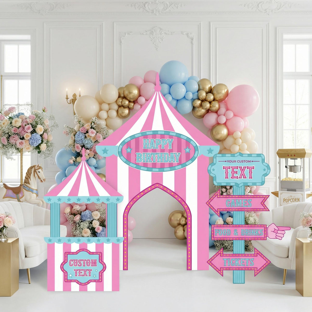 Pastel Pink Circus Party Cutouts, Carnival Baby Shower, Girls 1st Birthday Decor, Circus Tent, Photo Booth Frame, Custom Sign