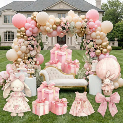 Pink Bunny Baby Shower, Cutout Standee, Personalized Baby Shower Decor, Stand Up Prop, First Birthday Backdrop, Air Balloon, Rabbit,Pink Bow