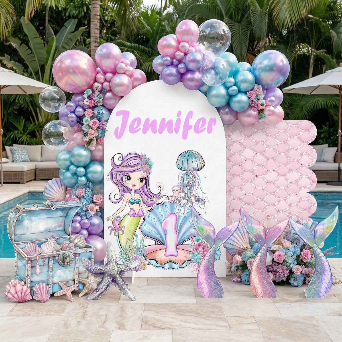 Personalized Mermaid Backdrop, Mermaid Cutouts, Birthday Party Decor, Birthday Props, Under The Sea Party, Arch Backdrop, Mermaid Tails
