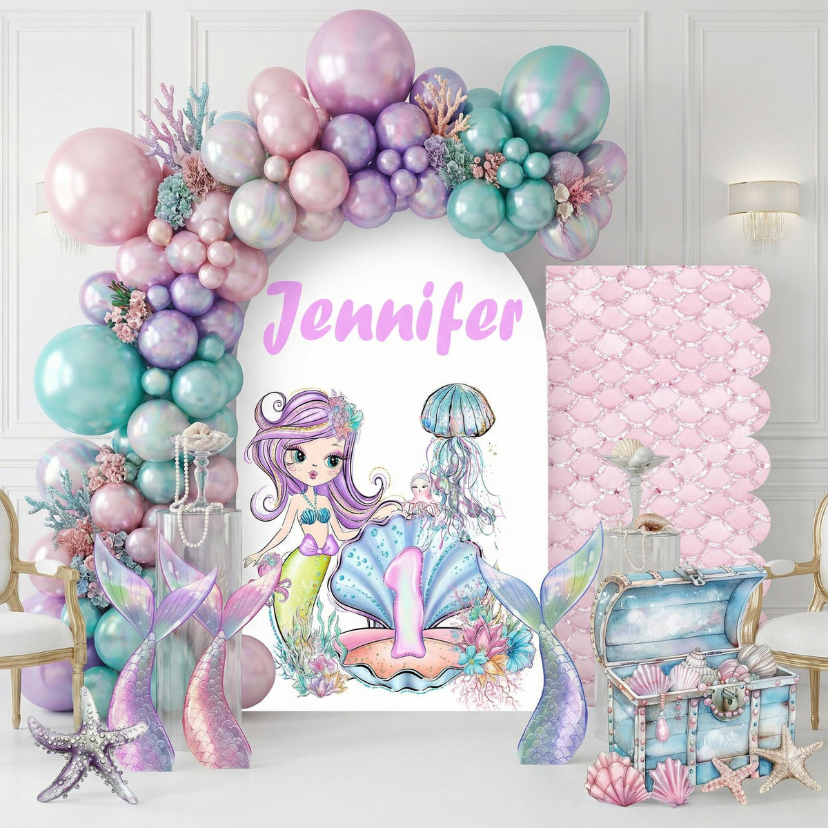 Personalized Mermaid Backdrop — custom party decor, printed and cut to shape