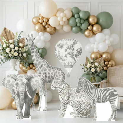 Gray Toile Safari Animals Cutouts, Chinoiserie Birthday, Toile de Jouy Backdrop, Baby Shower Decor, Hot Air Balloon, Party Props