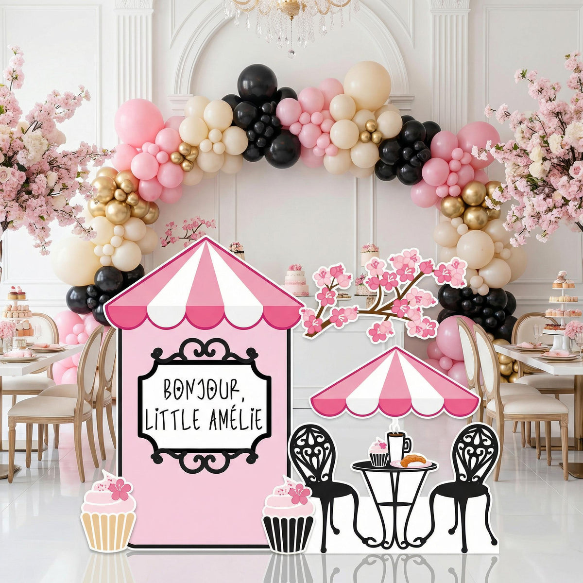 French Cafe Cutouts (Cafe Kiosk & Sweets), Eiffel Tower, Bakery Shop, Sweet Shop Props, Paris Baby Shower, Dessert Shop, Patisserie Party Backdrop