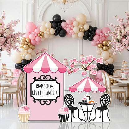 French Cafe Cutouts (Cafe Kiosk & Sweets), Eiffel Tower, Bakery Shop, Sweet Shop Props, Paris Baby Shower, Dessert Shop, Patisserie Party Backdrop