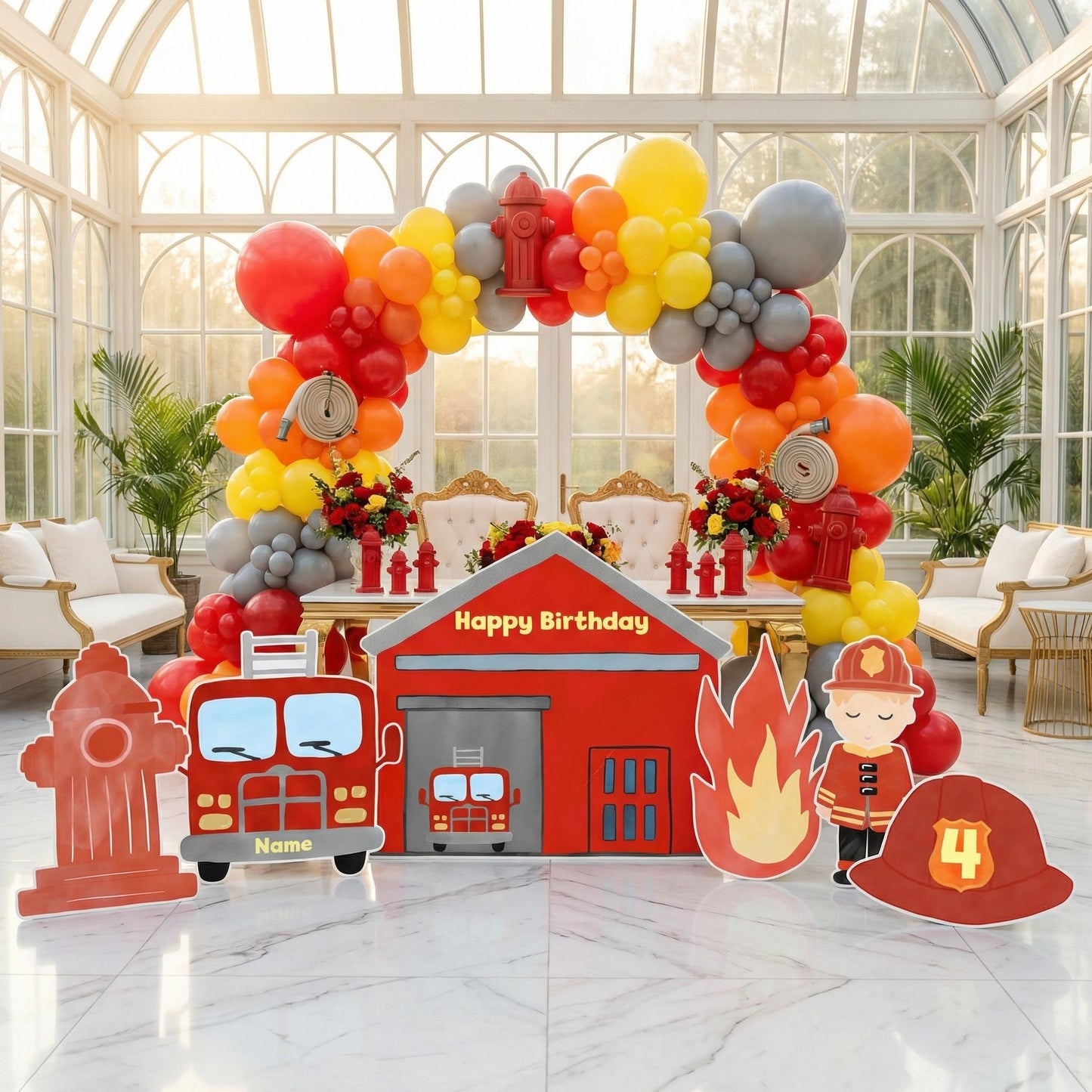 Personalized Firefighter Backdrop Prop — custom party decor, printed and cut to shape