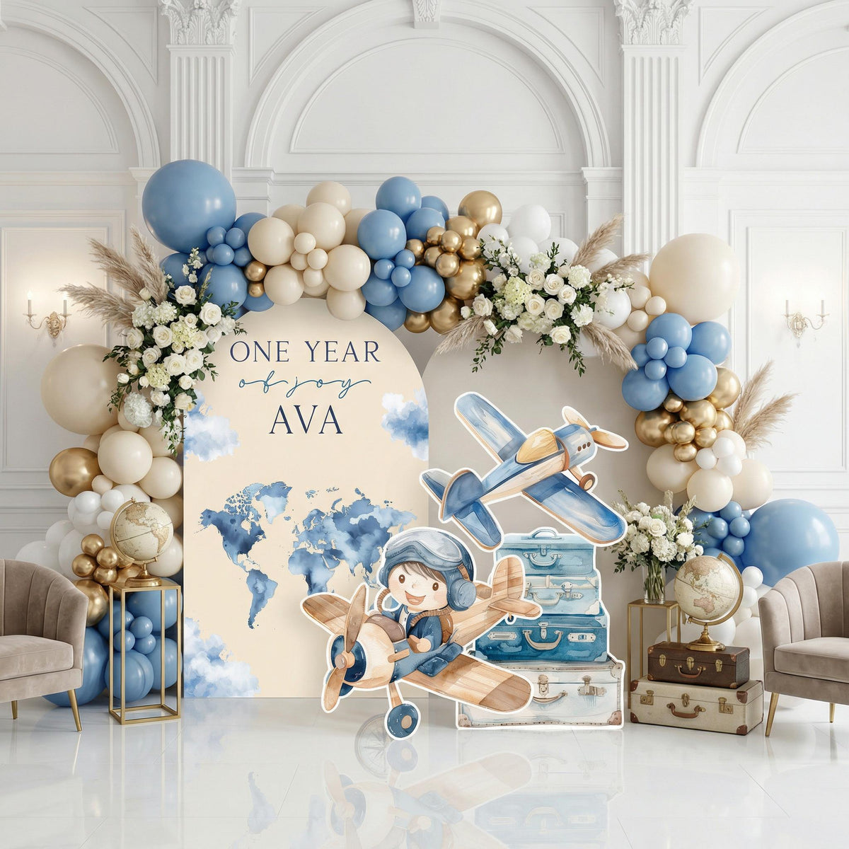 Blue Aviator Cutout (World Map Arch), Time flies, Adventure Baby Shower, Hot Air Balloon, Airplane Backdrop, Birthday Decor, Baby Boy, Centerpieces