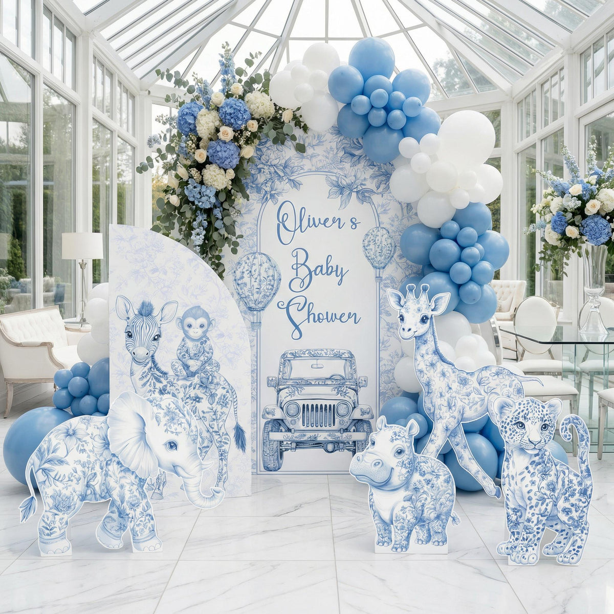 Blue Toile Safari Animals Cutouts — custom party decor, printed and cut to shape
