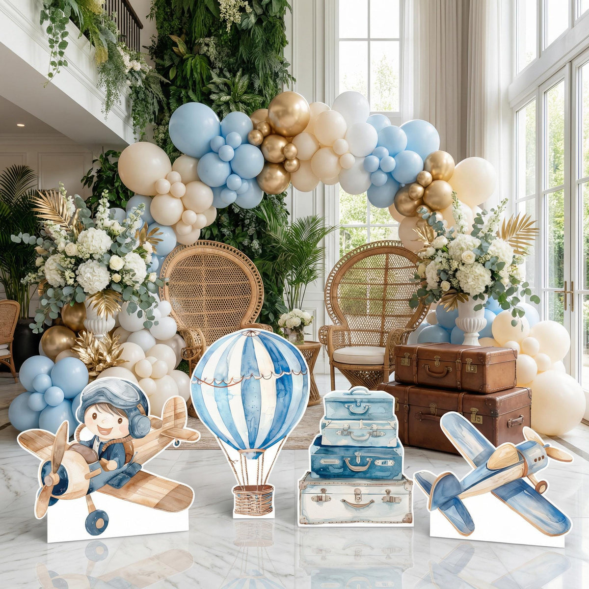 Blue Aviator Cutout (Two Planes), Time flies, Adventure Baby Shower, Watercolor Hot Air Balloon, Airplane Backdrop, Birthday Decor,Baby Boy,Centerpieces