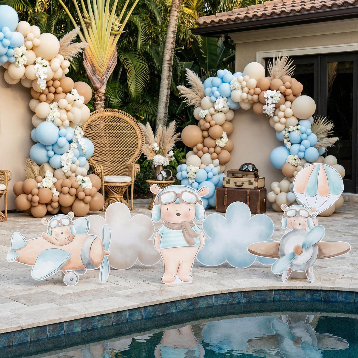 Blue Aviator Bear Party Cutouts, Time Flies Baby Shower Decoration, Parachute, Airplane Decor, Backdrop Centerpieces, Party Props, Lawn Sign