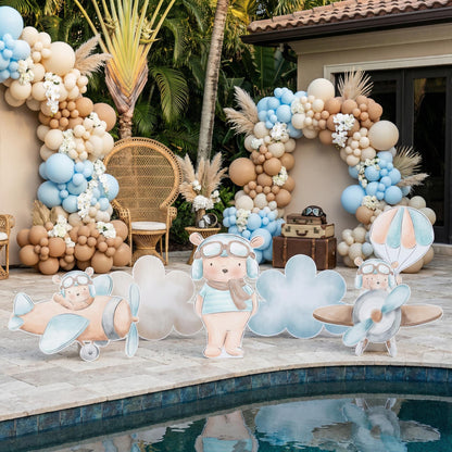 Blue Aviator Bear Party Cutouts, Time Flies Baby Shower Decoration, Parachute, Airplane Decor, Backdrop Centerpieces, Party Props, Lawn Sign