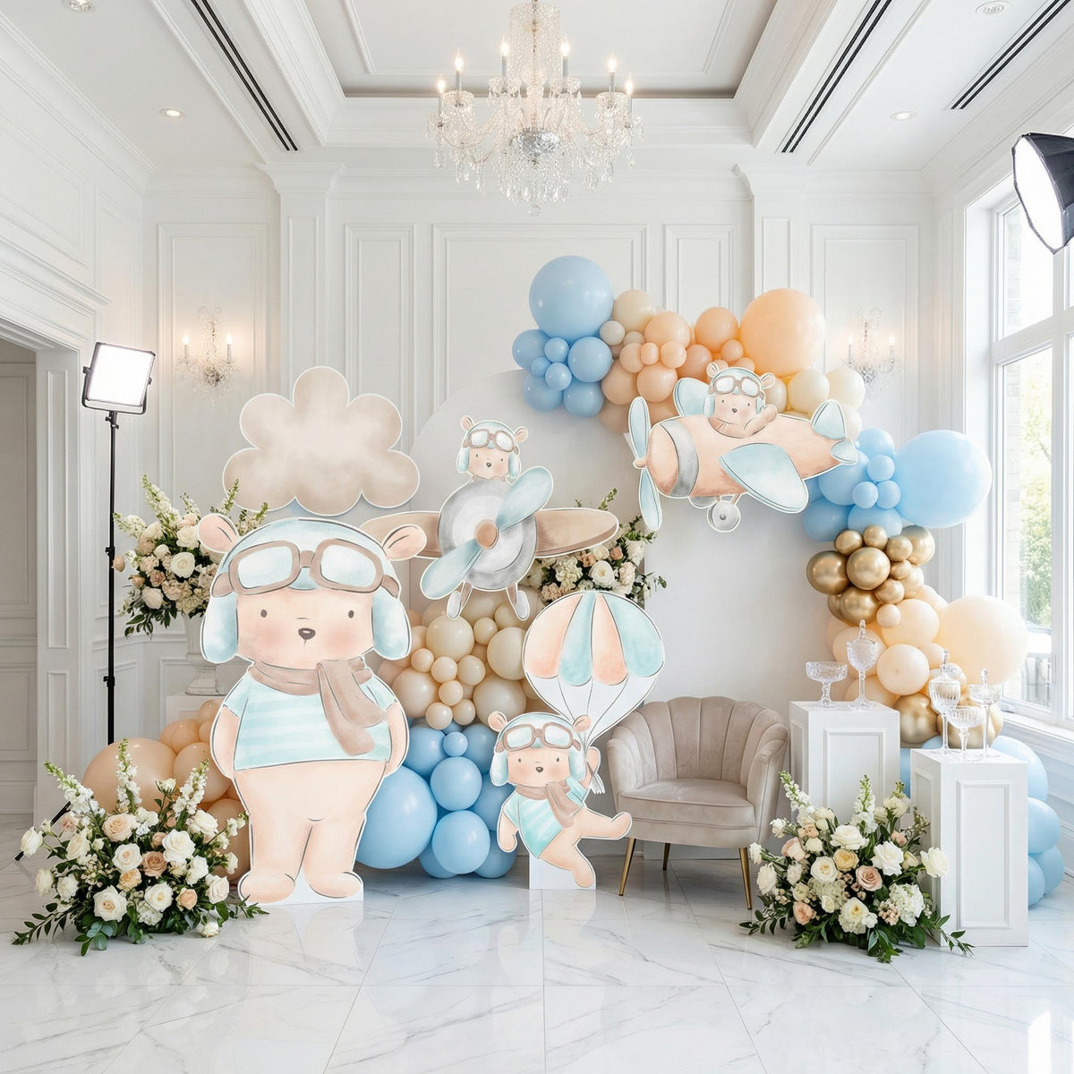 Blue Aviator Bear Party Cutouts, Time Flies Baby Shower Decoration, Parachute, Airplane Decor, Backdrop Centerpieces, Party Props, Lawn Sign