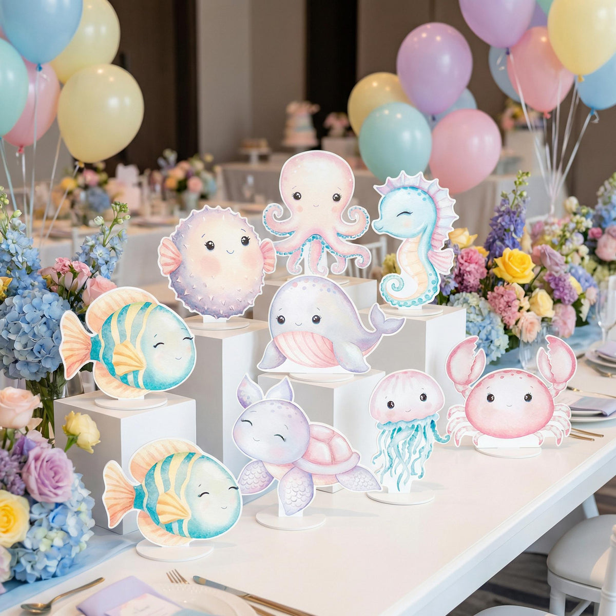 Sea Animals Double-Sided Table Centerpieces Set 8, Baby Shower, Ocean Nursery Decor, Table Decor, Birthday Decorations, Under the Sea Party