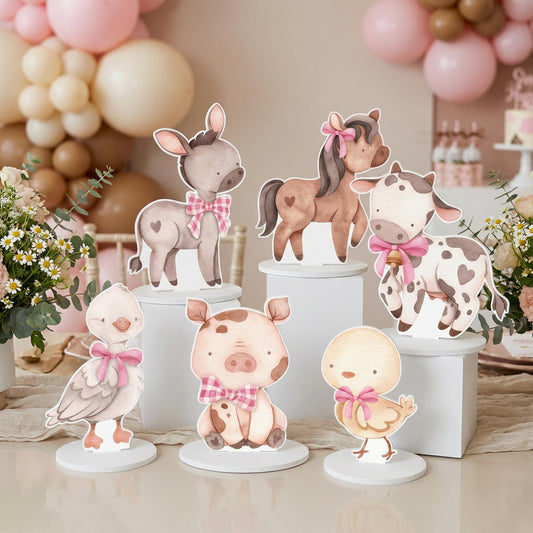 Pink Farm Animals Double-Sided Table Centerpieces Set 6 — custom party decor, printed and cut to shape