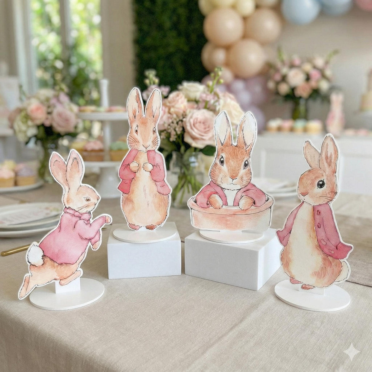 Pink Garden Bunny Double-Sided Table Centerpieces Set 4, Bunny Baby Shower, Nursery Decor, Table Decor, Birthday Decorations