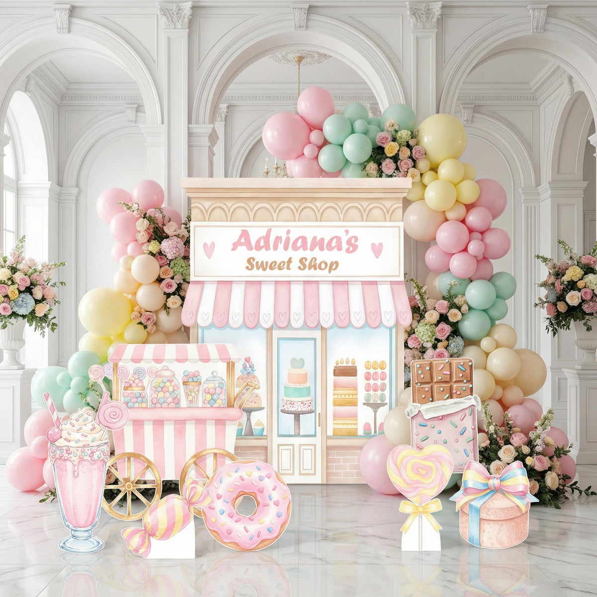 Candyland Cutouts Decor (Sweet Shop Storefront), Candy Shop Backdrop, Two Sweet Birthday, Ice Cream Baby Shower, Lollipop, Donuts, Candy Theme Decor, Sweet Store