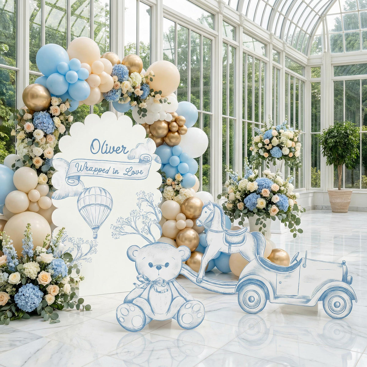 Blue Toile Teddy Bear Cutouts (Scalloped Arch Set), Chinoiserie Birthday, Toile de Jouy Backdrop, Baby Shower Decor, Teddy Bear