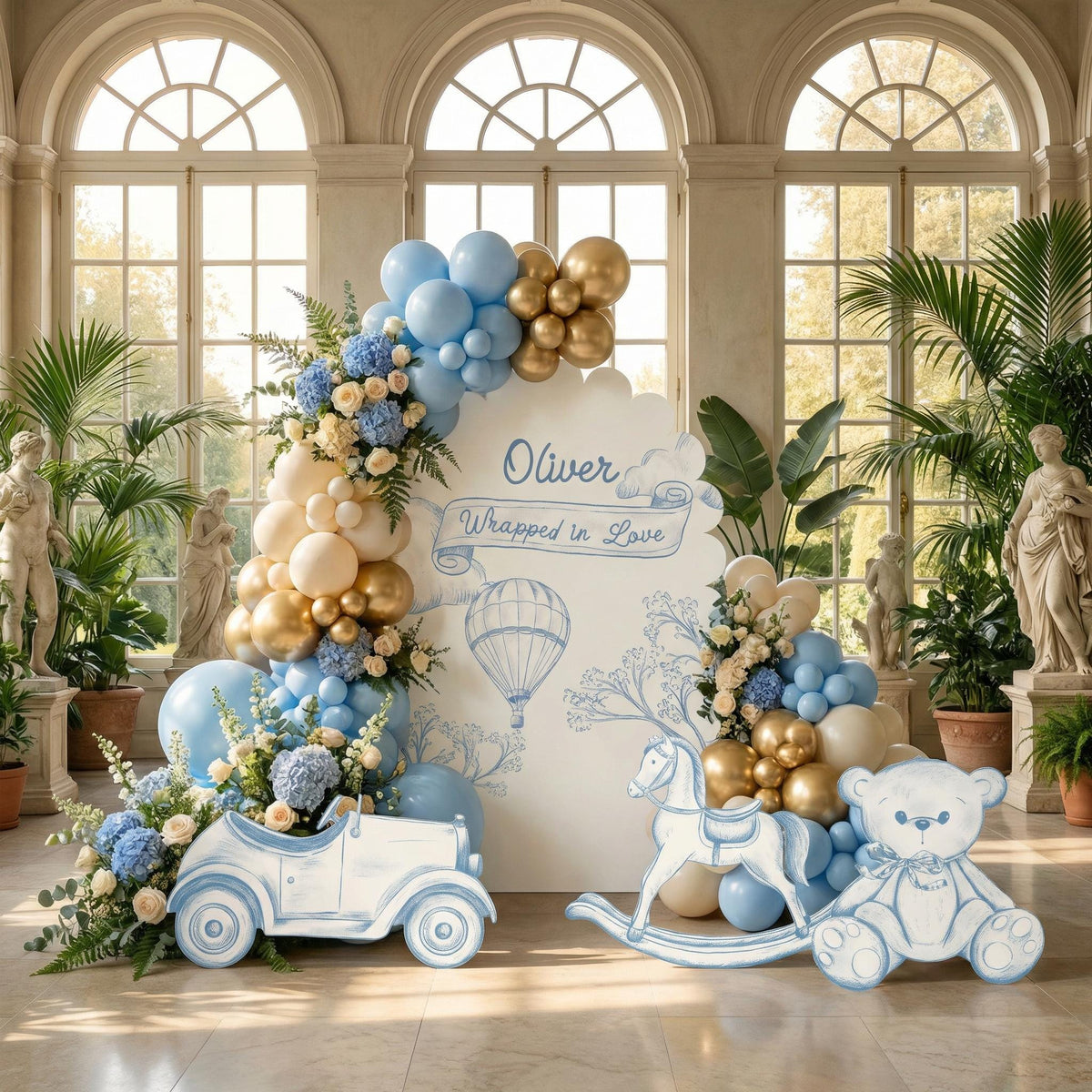Blue Toile Teddy Bear Cutouts (Scalloped Arch Set), Chinoiserie Birthday, Toile de Jouy Backdrop, Baby Shower Decor, Teddy Bear