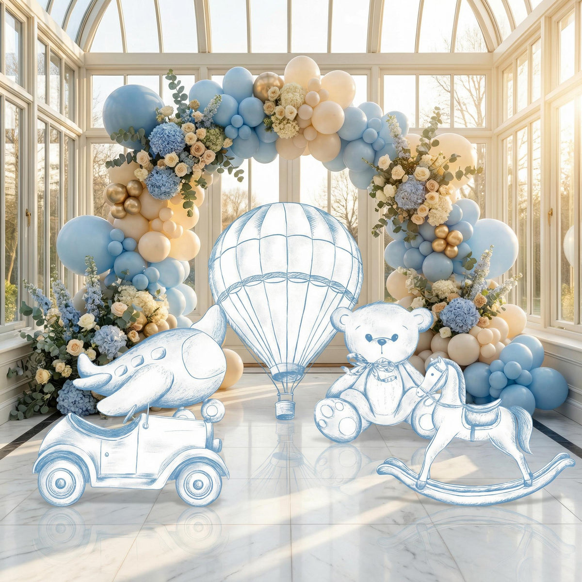 Blue Toile Teddy Bear Cutouts — custom party decor, printed and cut to shape