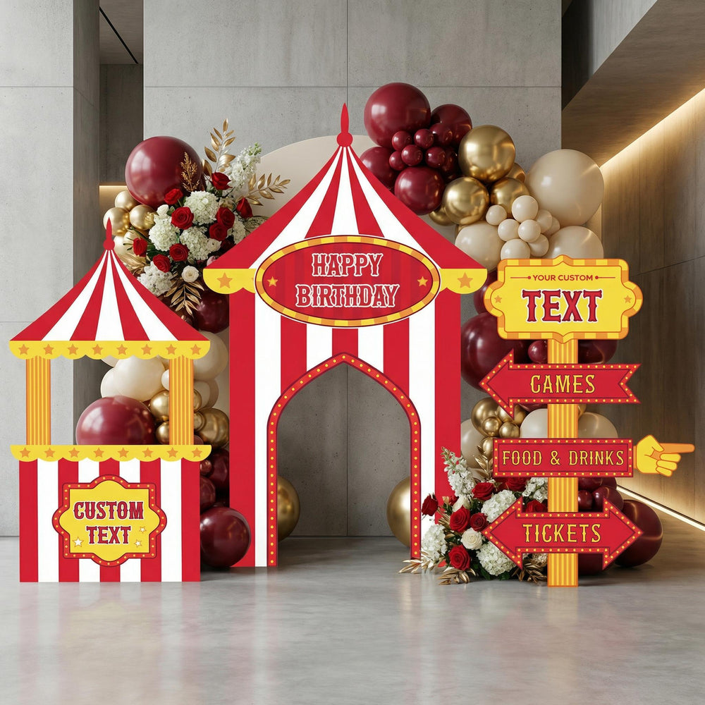 Red Circus Party Cutouts (Big Top & Signposts), Carnival Baby Shower, 1st Birthday Decor, Circus Tent, Photo Booth Frame, Custom Sign