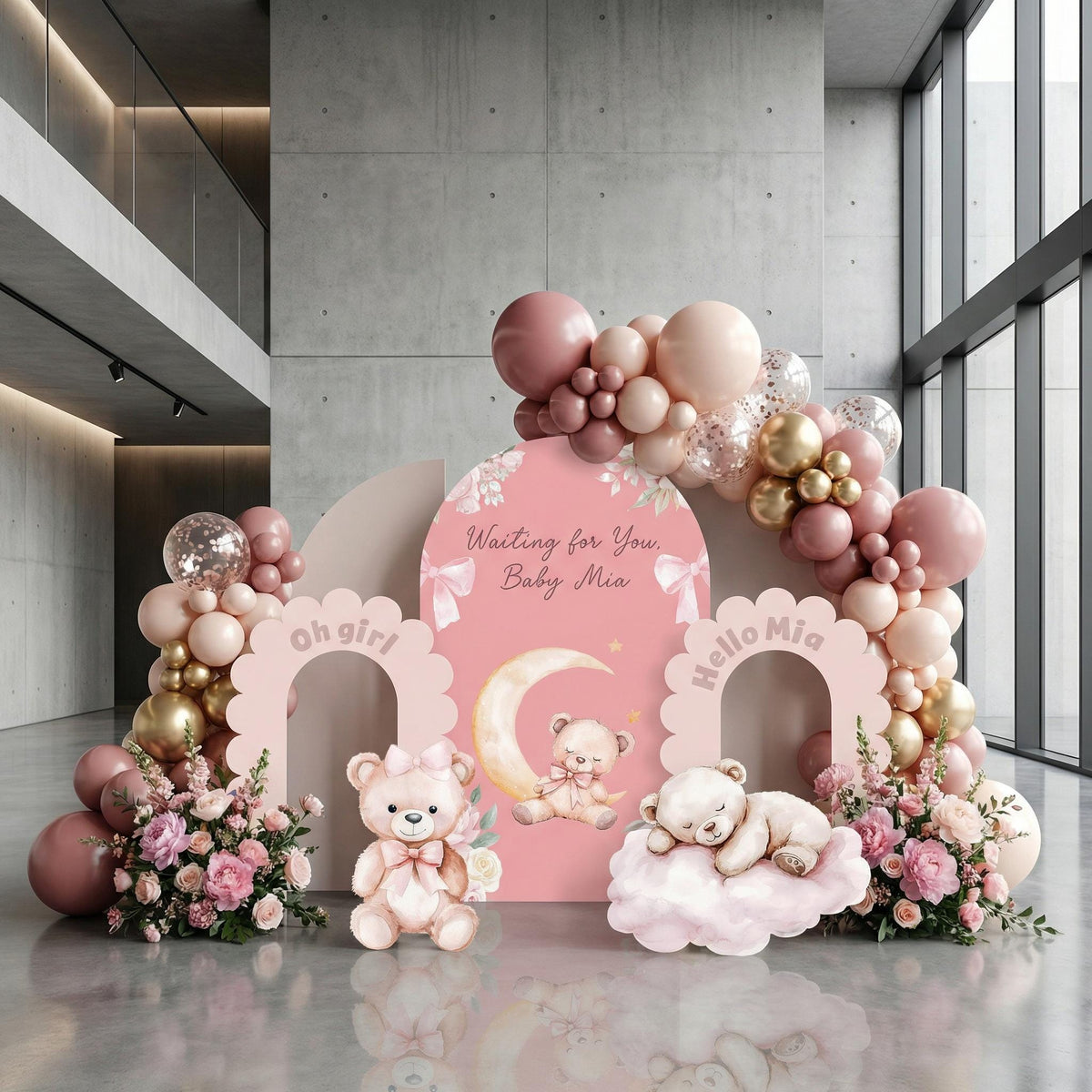 Pink Bear Cutouts, Girls First Birthday, We Can Bearly Wait, Baby Shower, Teddy Bear, Cute Bear, Pink Backdrop, Clouds