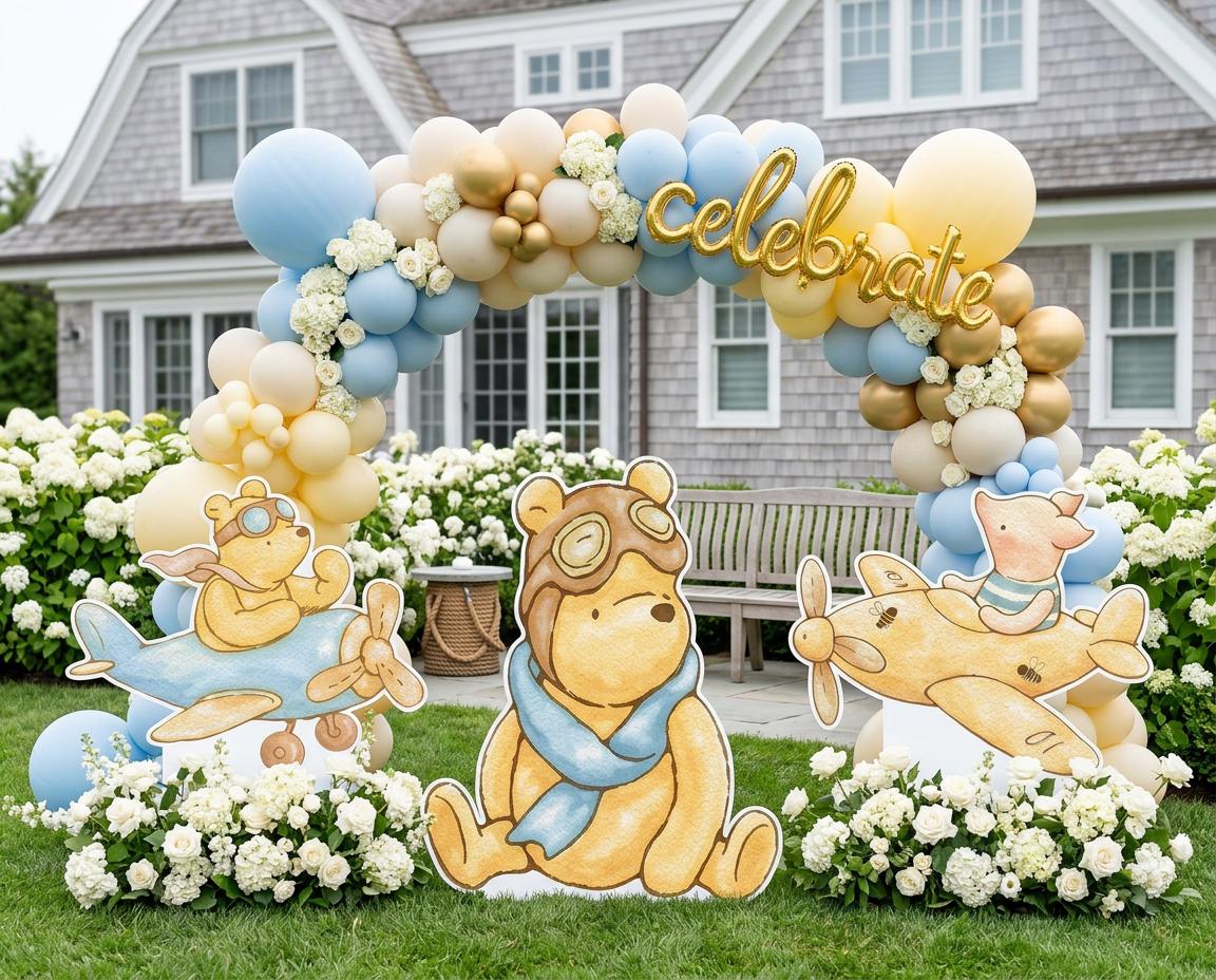 Classic Honey Bear SET of 3 Cutouts, Airplane, Boy Baby Shower Decor, Backdrop, Yard Sign, Aviator Bear, First Birthday, Classic Bear